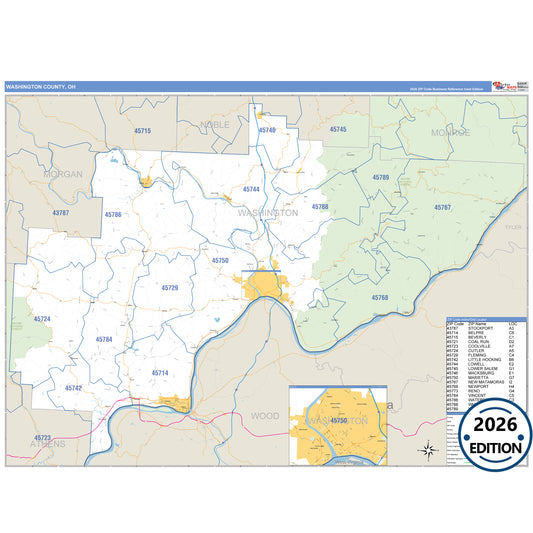 Washington County, OH Business Reference 5 Digit ZIP Code Wall Map