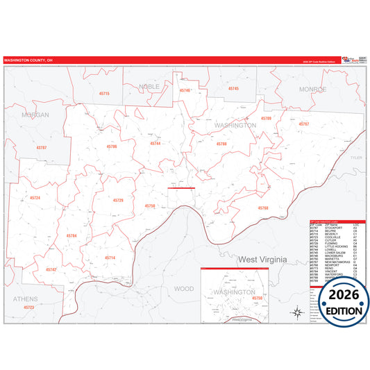 Washington County, OH Red Line 5 Digit ZIP Code Wall Map