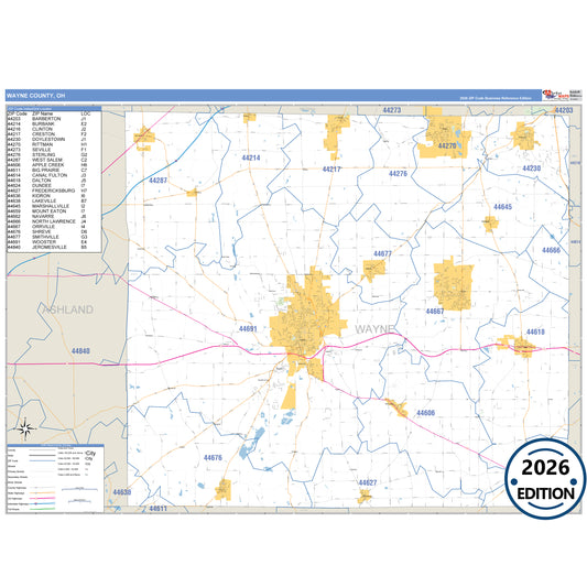 Wayne County, OH Business Reference 5 Digit ZIP Code Wall Map
