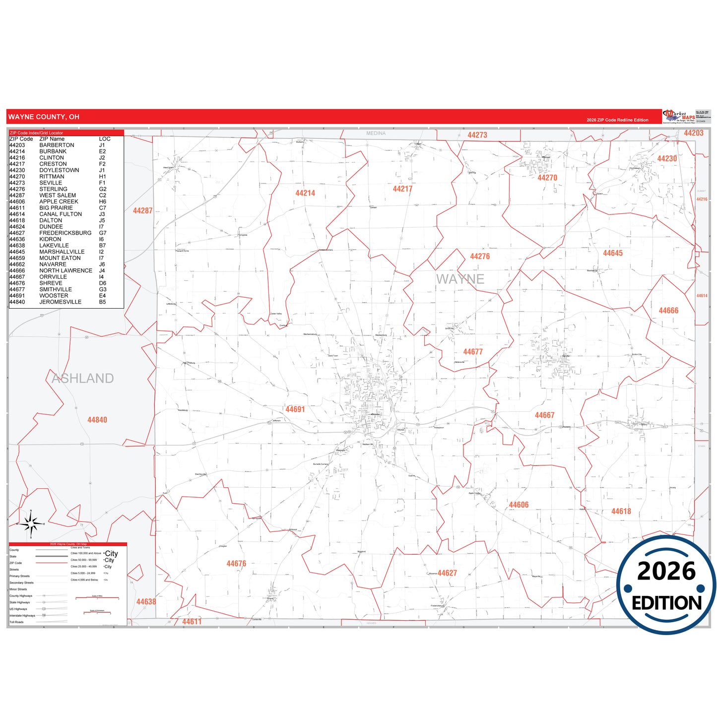 Wayne County, OH Red Line 5 Digit ZIP Code Wall Map