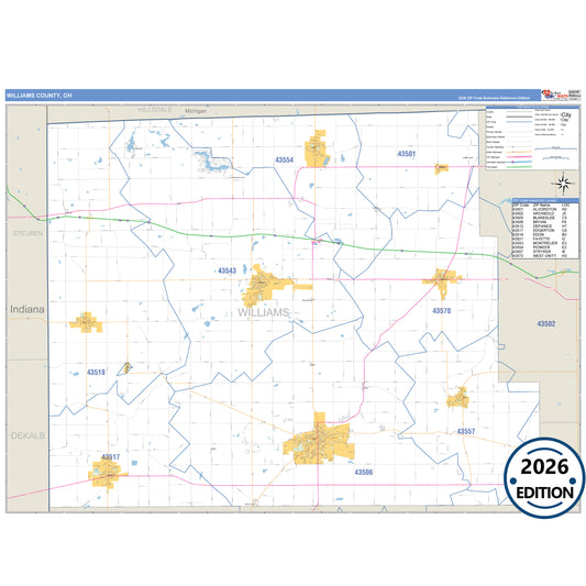 Williams County, OH Business Reference 5 Digit ZIP Code Wall Map