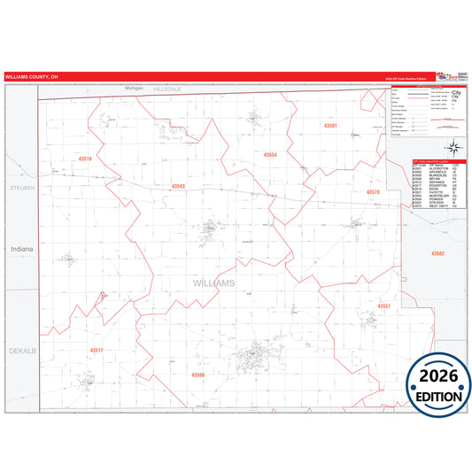 Williams County, OH Red Line 5 Digit ZIP Code Wall Map