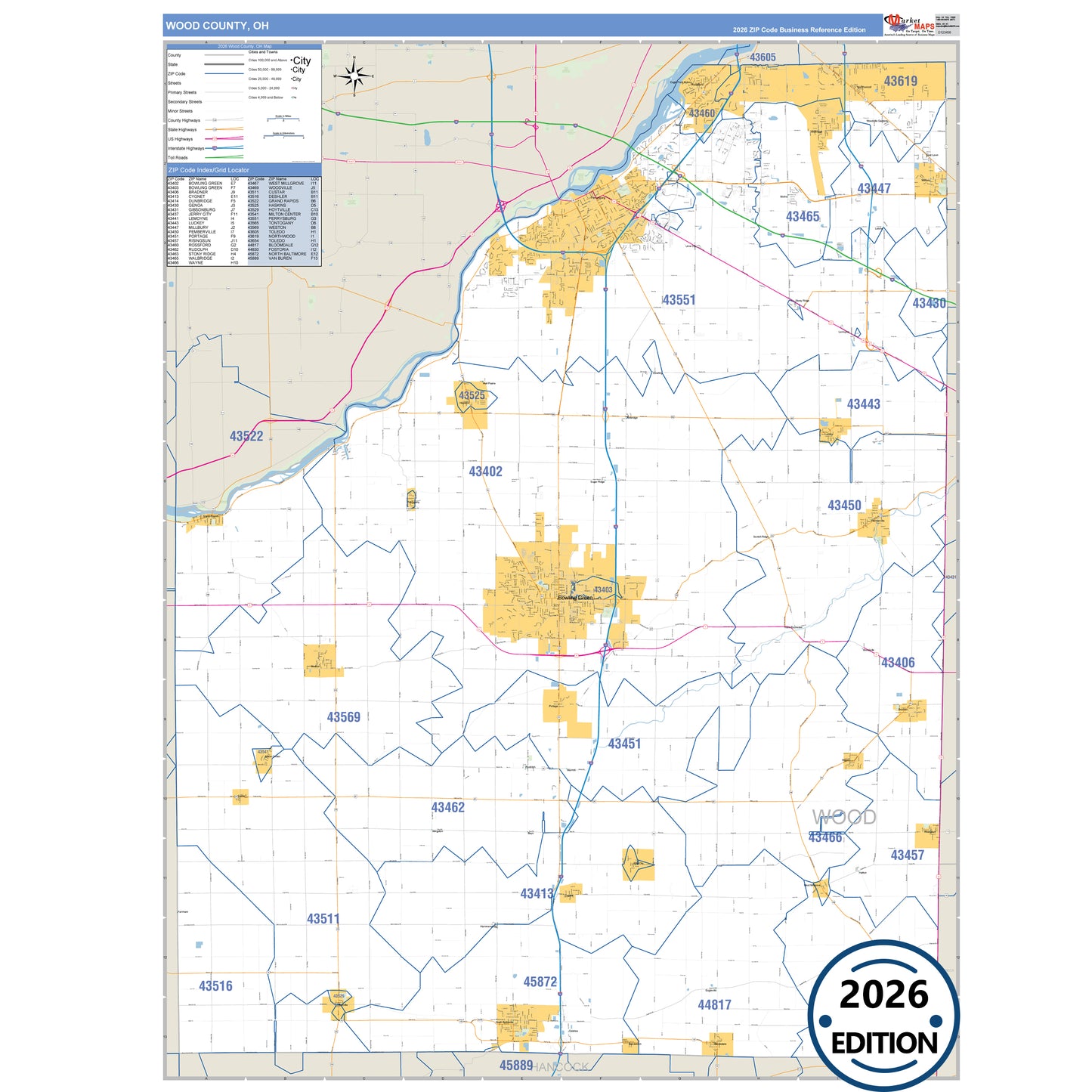 Wood County, OH Business Reference 5 Digit ZIP Code Wall Map