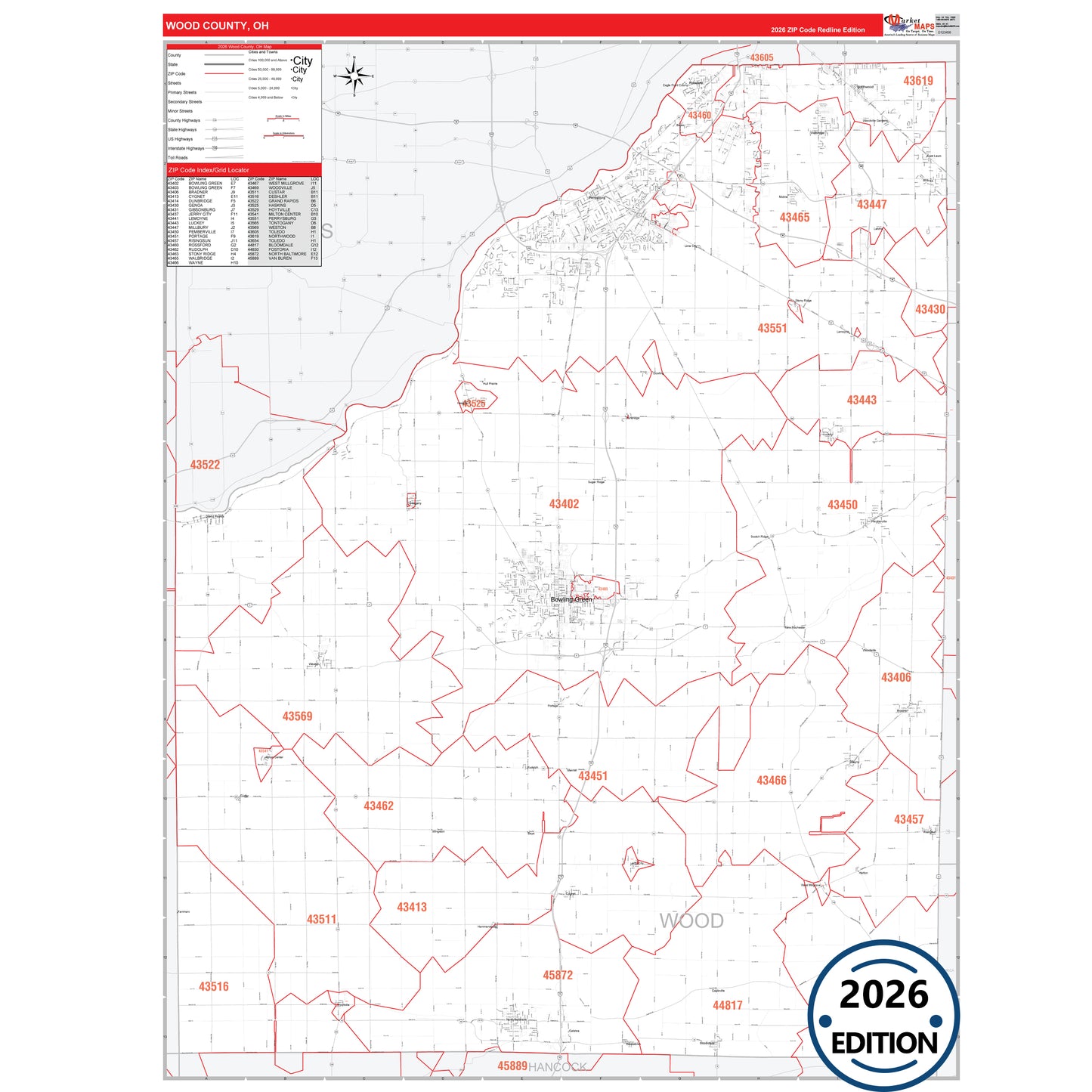 Wood County, OH Red Line 5 Digit ZIP Code Wall Map