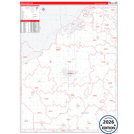 Wood County, OH Red Line 5 Digit ZIP Code Wall Map