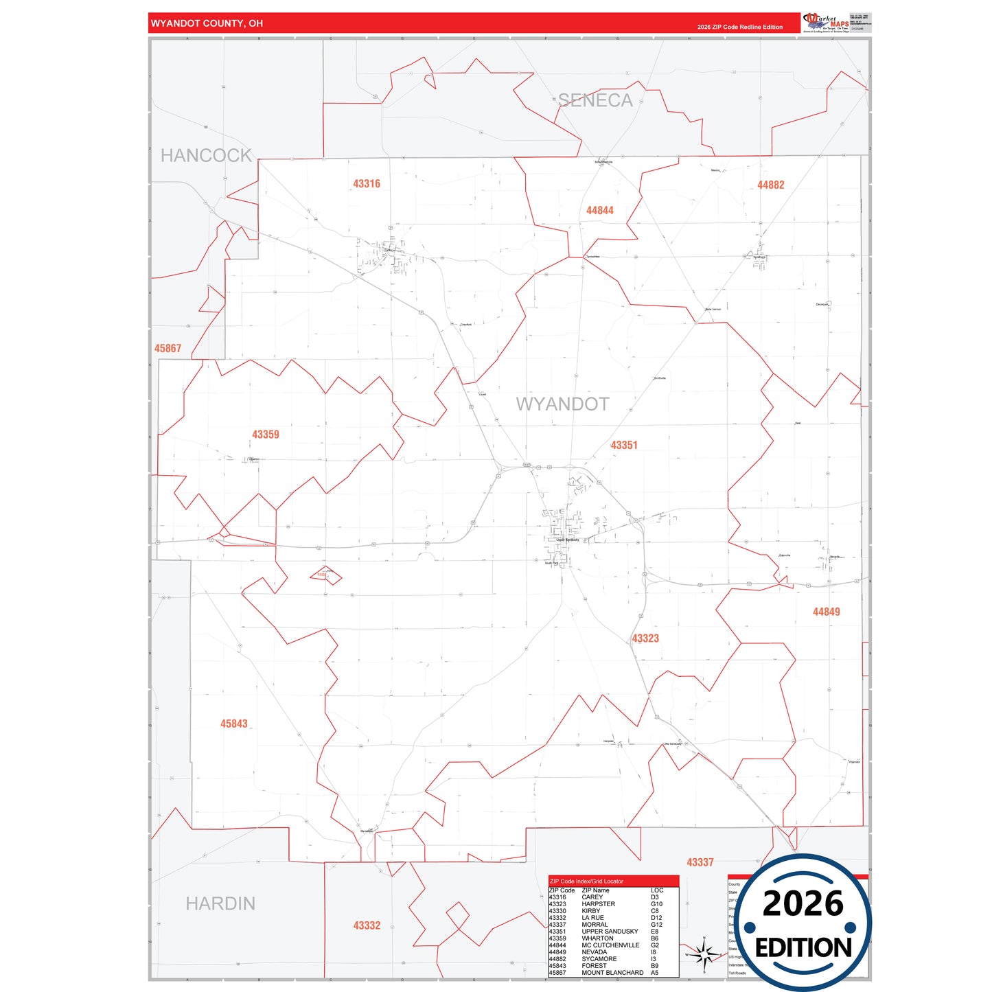 Wyandot County, OH Red Line 5 Digit ZIP Code Wall Map