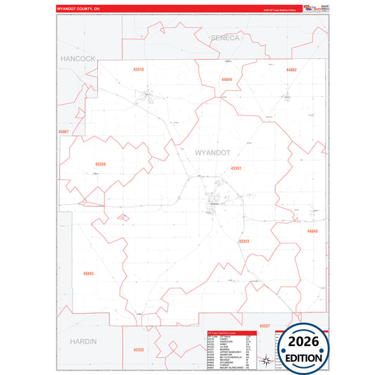 Wyandot County, OH Red Line 5 Digit ZIP Code Wall Map
