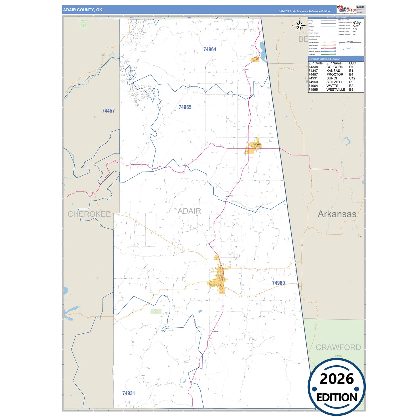 Adair County, OK Business Reference 5 Digit ZIP Code Wall Map