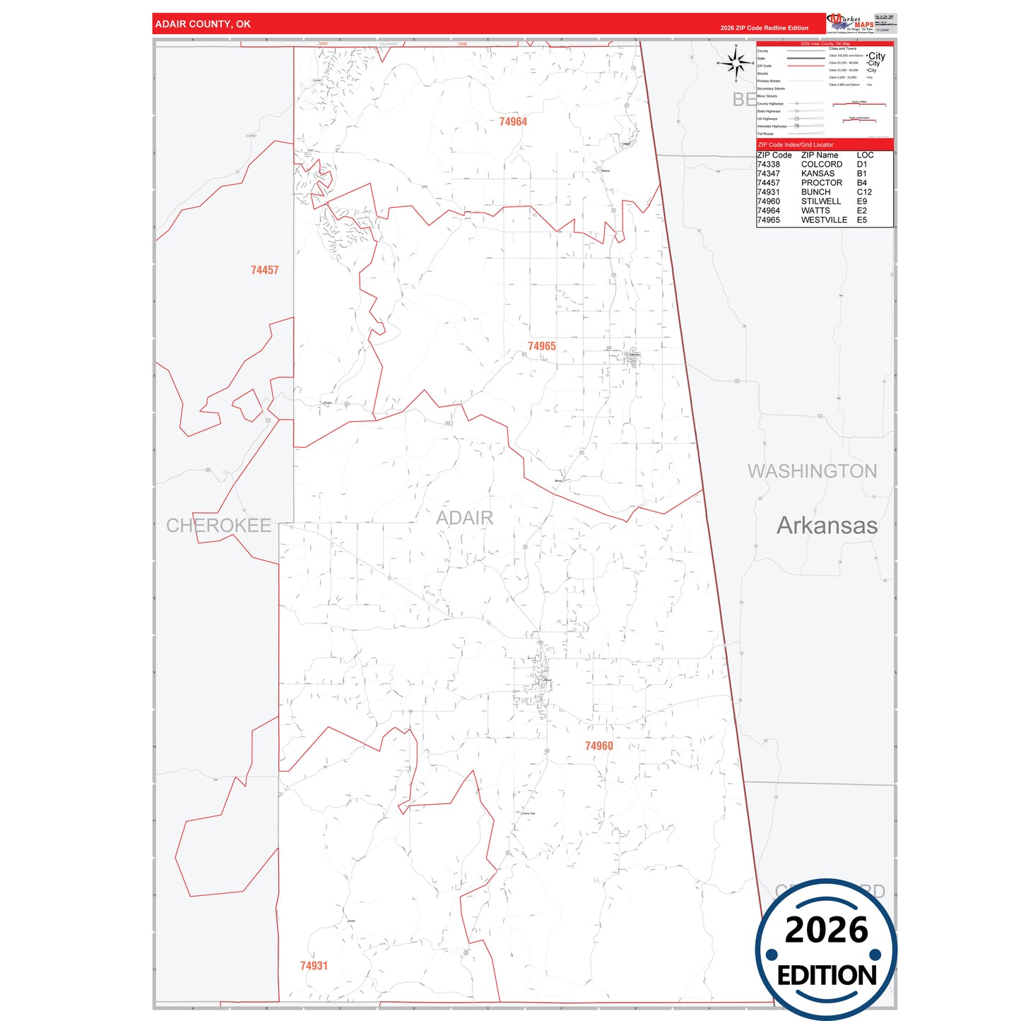 Adair County, OK Red Line 5 Digit ZIP Code Wall Map