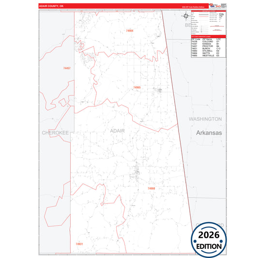 Adair County, OK Red Line 5 Digit ZIP Code Wall Map