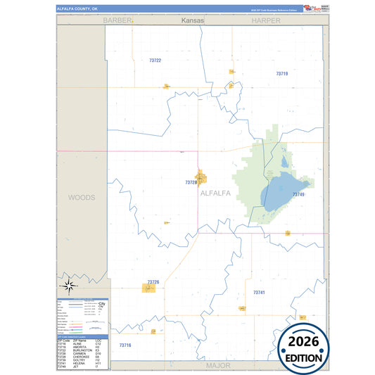 Alfalfa County, OK Business Reference 5 Digit ZIP Code Wall Map