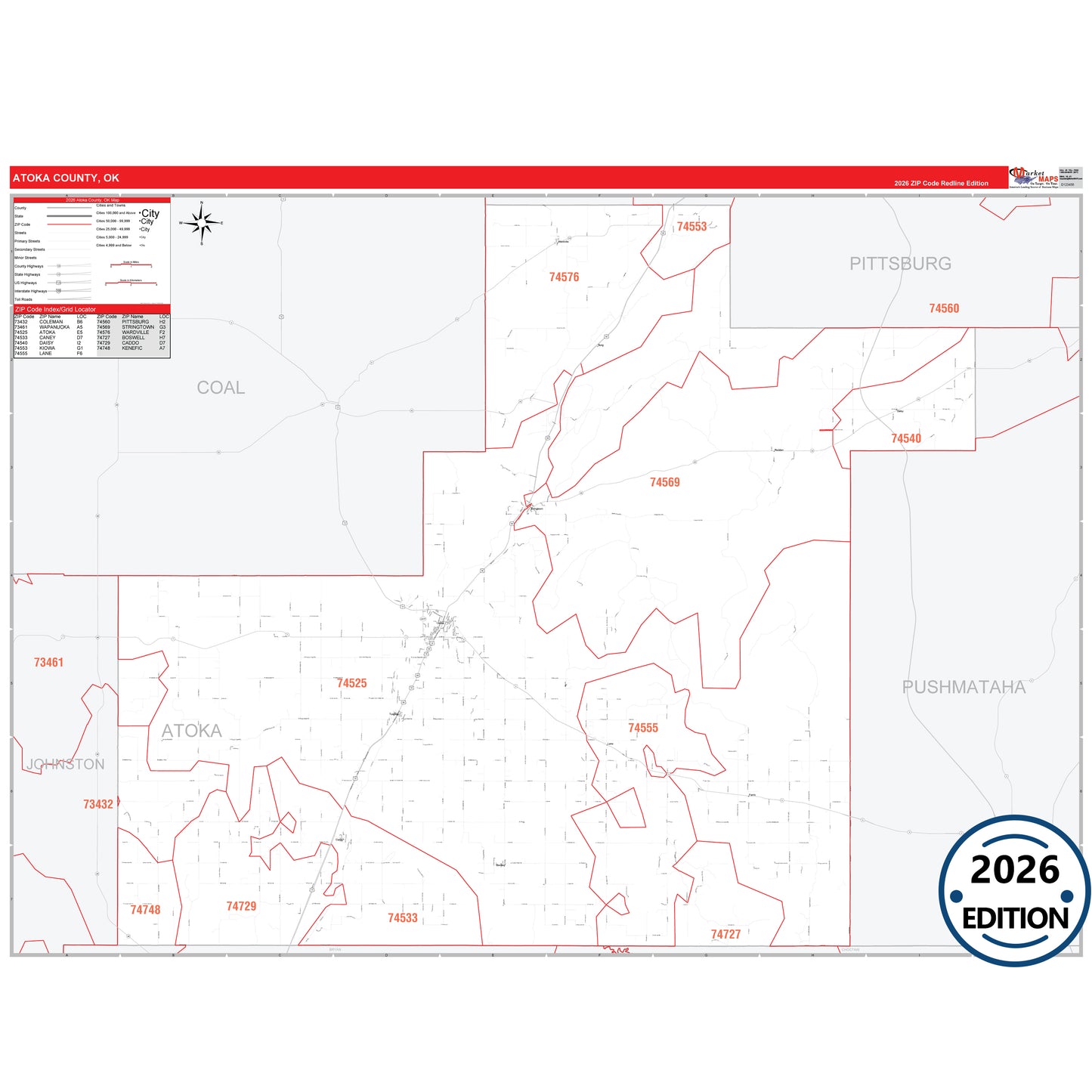 Atoka County, OK Red Line 5 Digit ZIP Code Wall Map