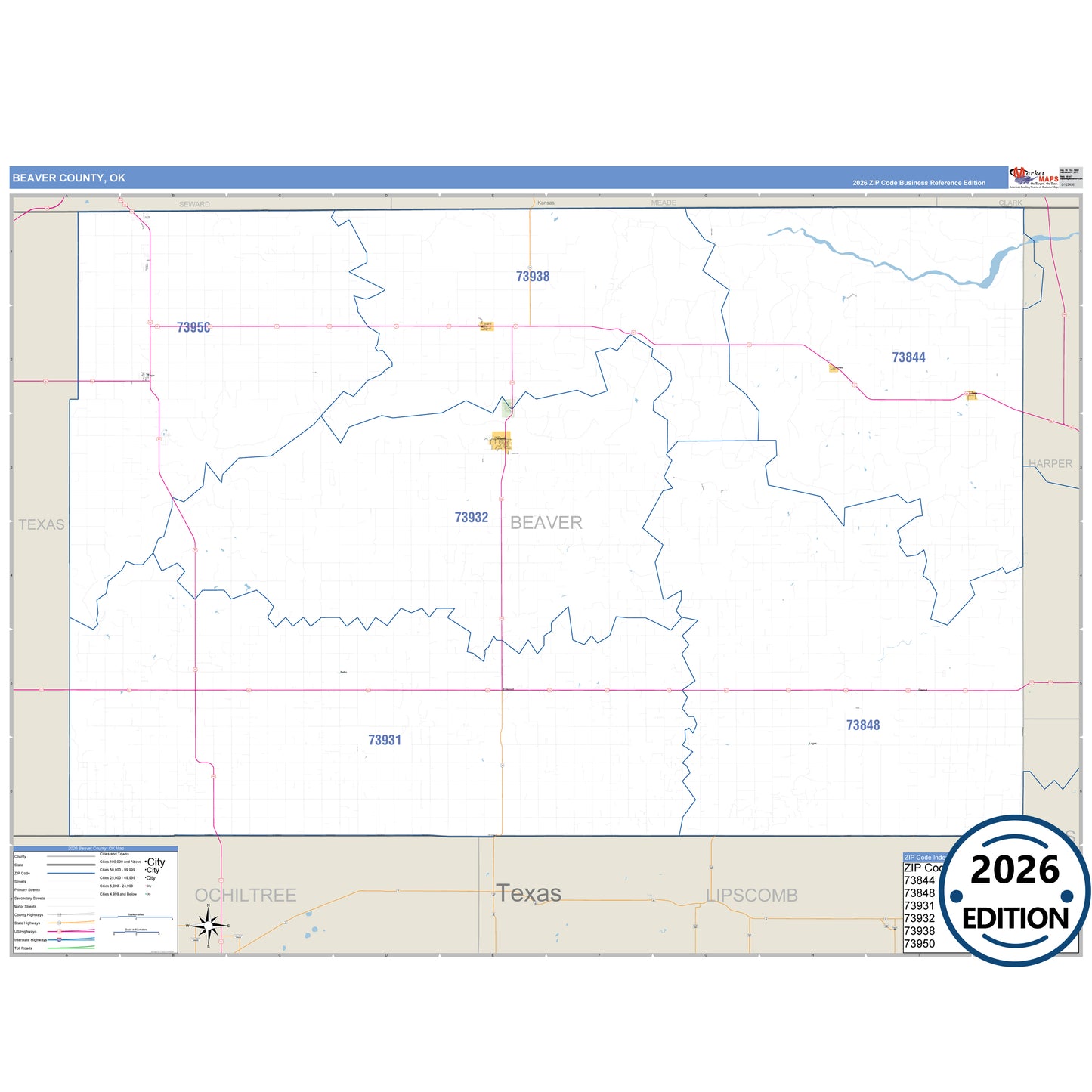 Beaver County, OK Business Reference 5 Digit ZIP Code Wall Map