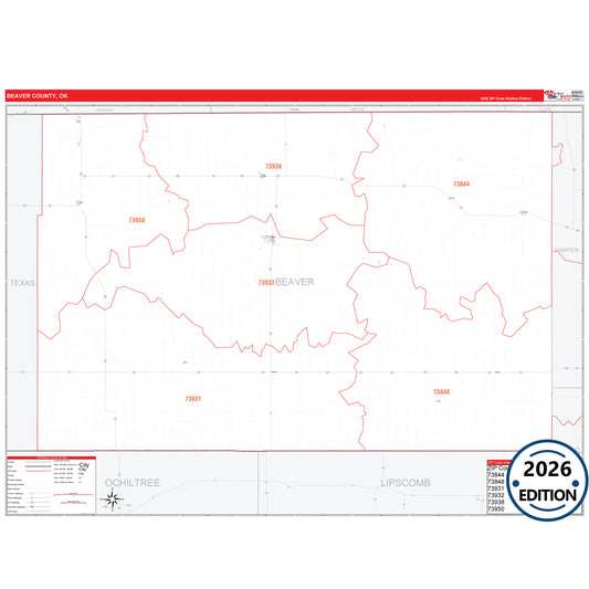Beaver County, OK Red Line 5 Digit ZIP Code Wall Map