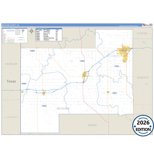 Beckham County, OK Business Reference 5 Digit ZIP Code Wall Map