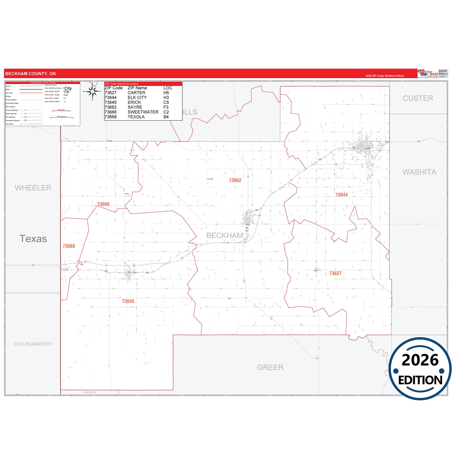 Beckham County, OK Red Line 5 Digit ZIP Code Wall Map