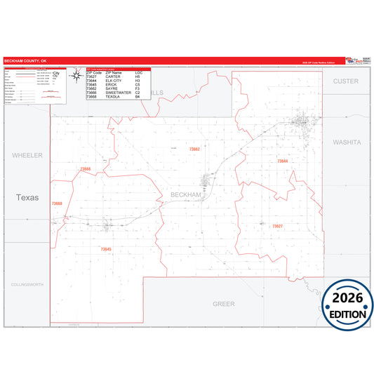 Beckham County, OK Red Line 5 Digit ZIP Code Wall Map
