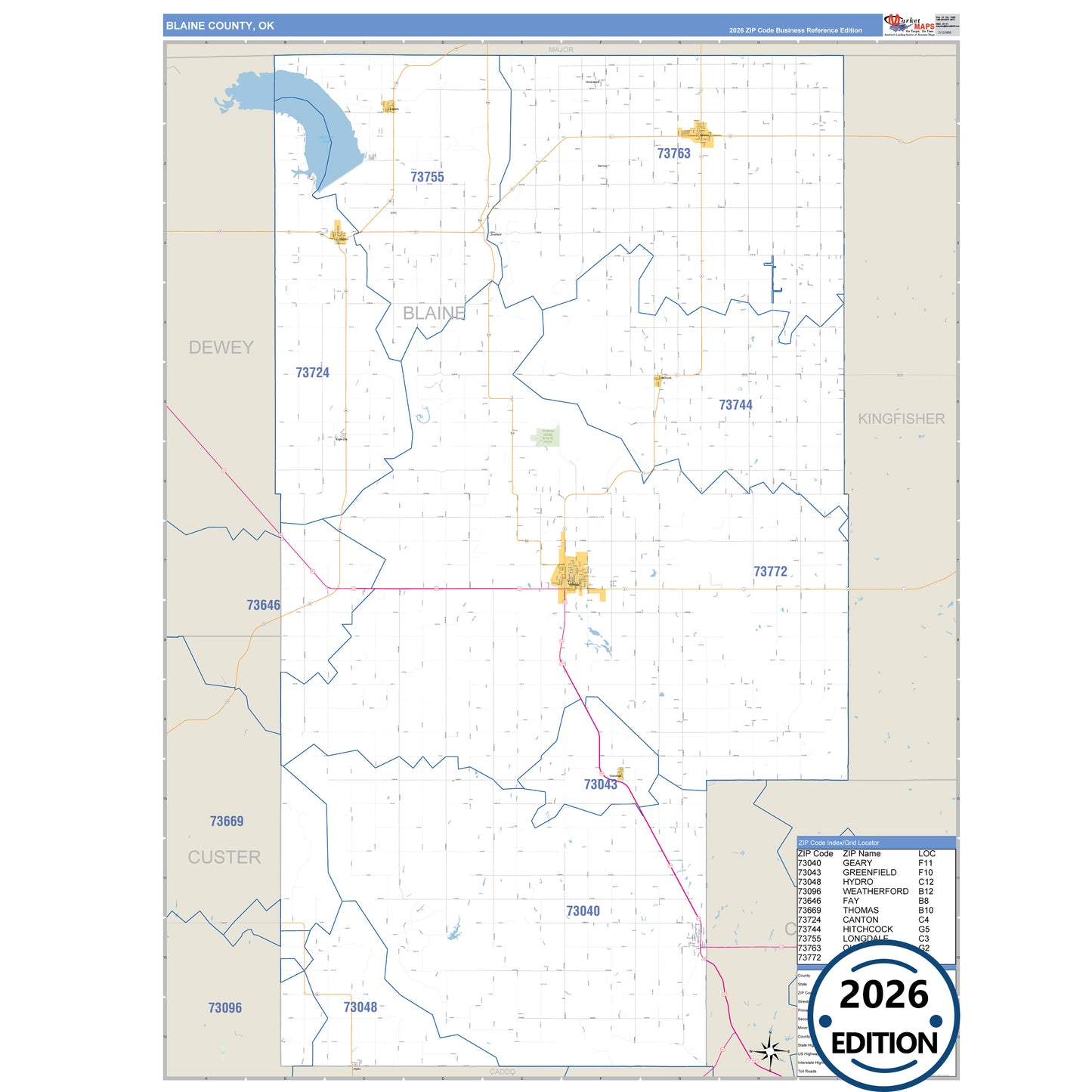 Blaine County, OK Business Reference 5 Digit ZIP Code Wall Map