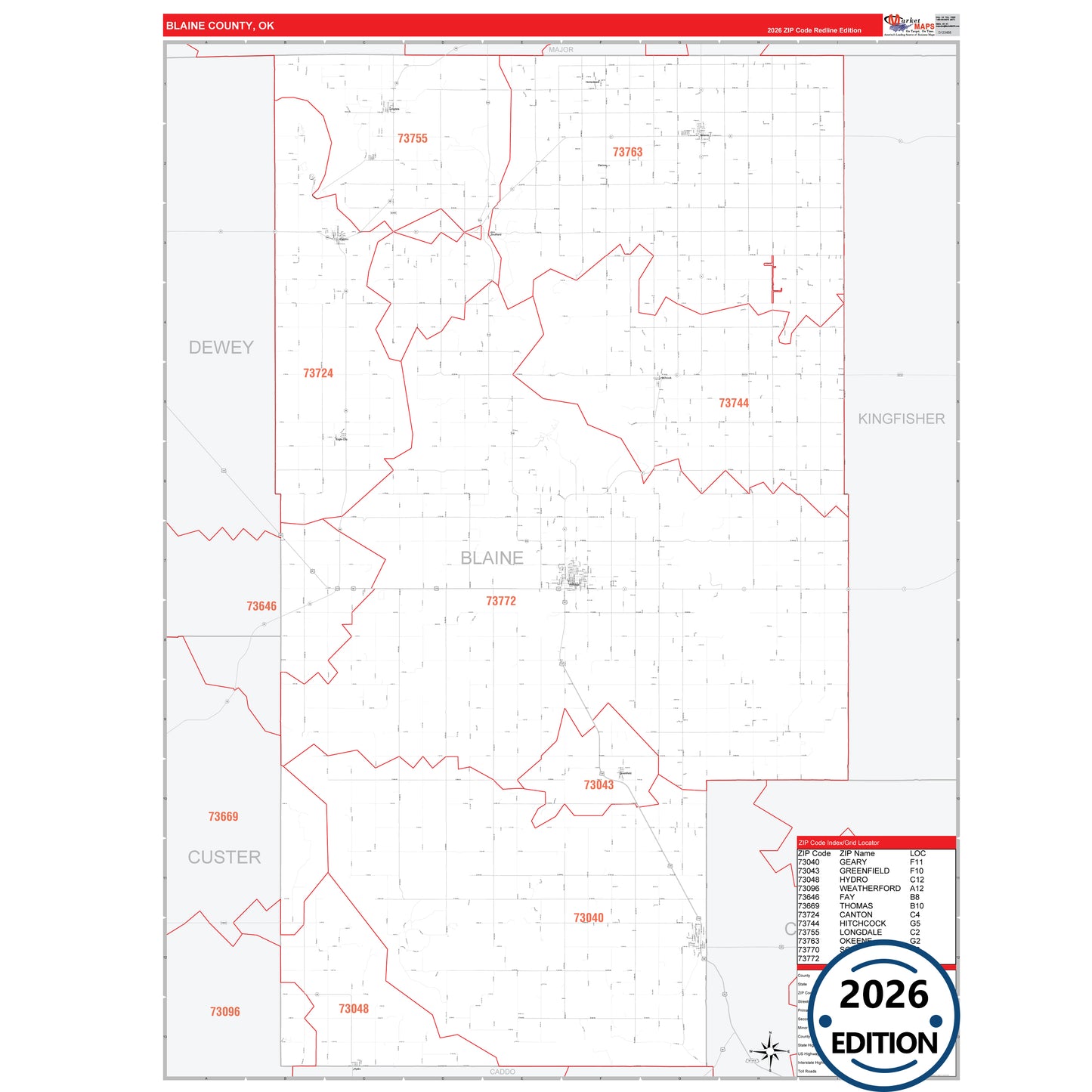 Blaine County, OK Red Line 5 Digit ZIP Code Wall Map
