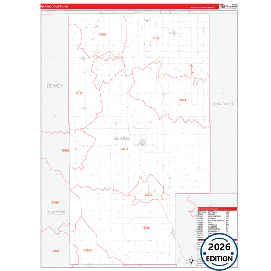 Blaine County, OK Red Line 5 Digit ZIP Code Wall Map