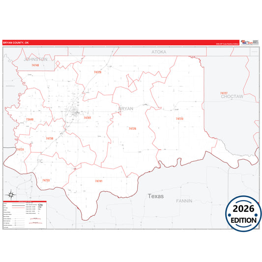 Bryan County, OK Red Line 5 Digit ZIP Code Wall Map