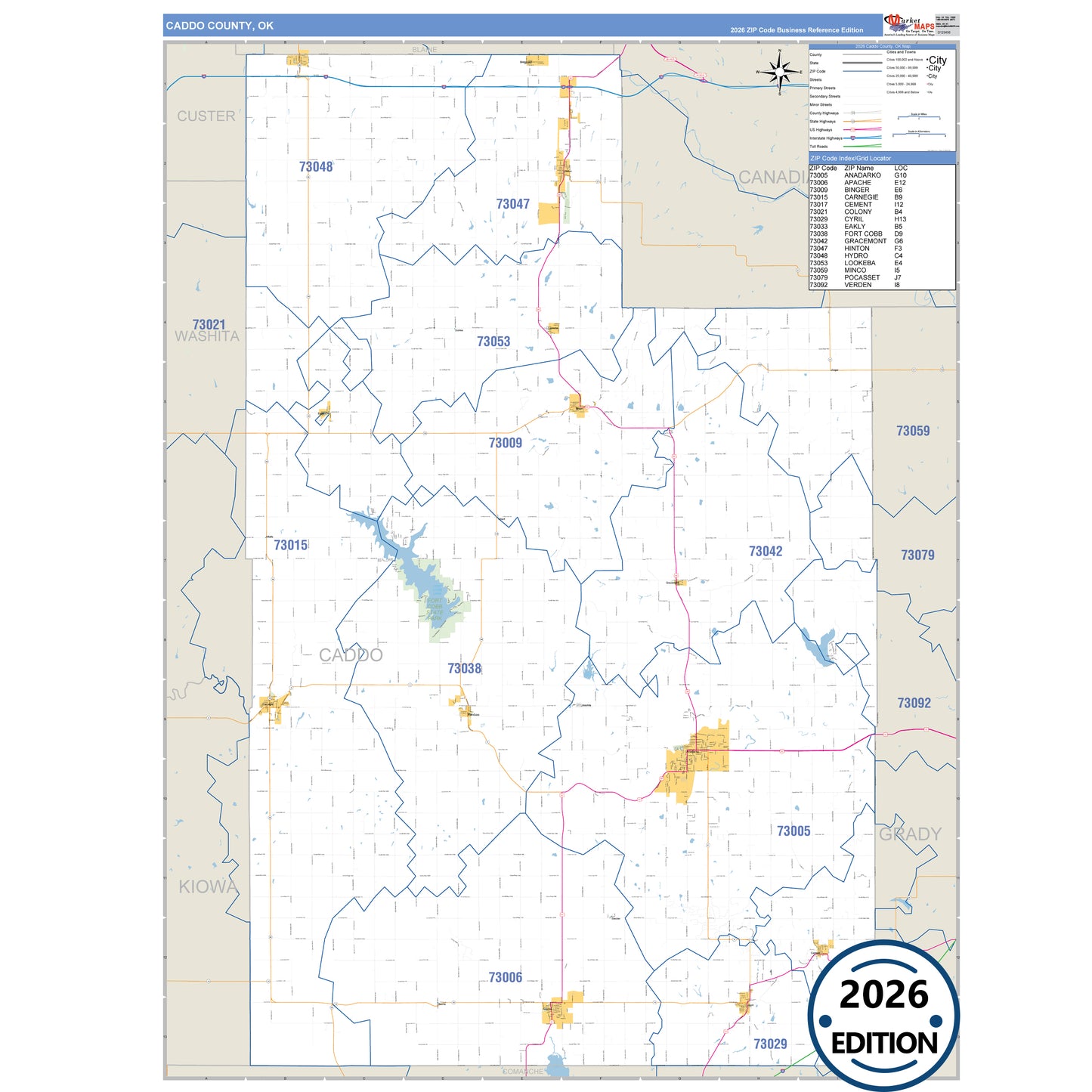 Caddo County, OK Business Reference 5 Digit ZIP Code Wall Map