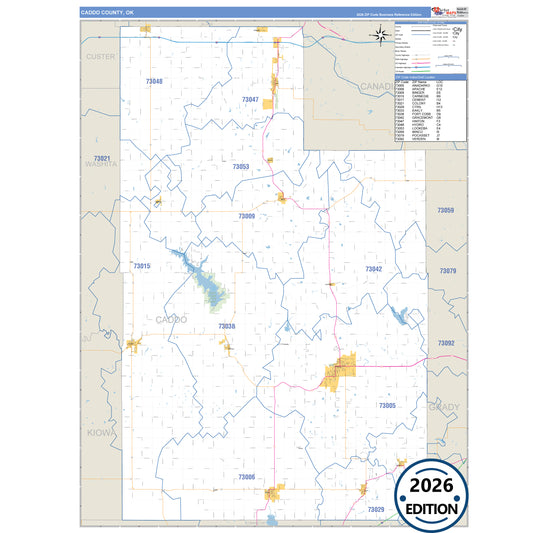Caddo County, OK Business Reference 5 Digit ZIP Code Wall Map