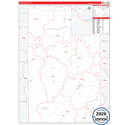 Caddo County, OK Red Line 5 Digit ZIP Code Wall Map