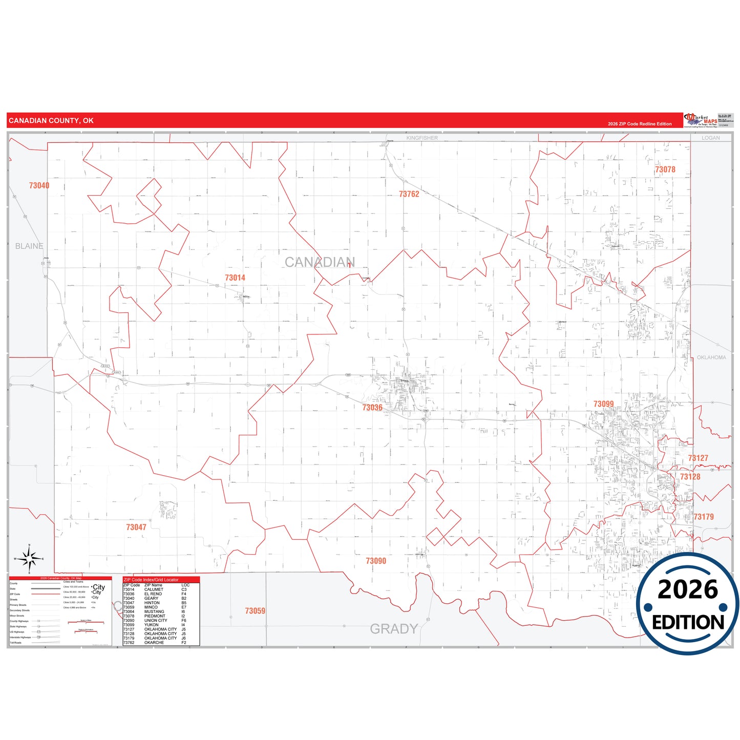 Canadian County, OK Red Line 5 Digit ZIP Code Wall Map