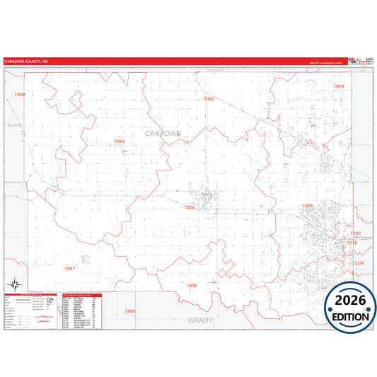 Canadian County, OK Red Line 5 Digit ZIP Code Wall Map