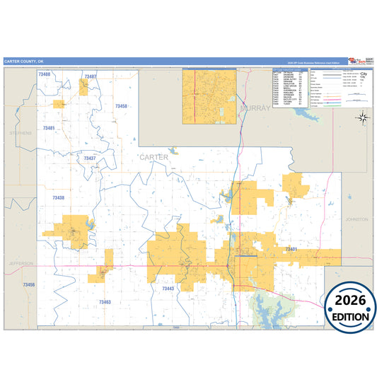Carter County, OK Business Reference 5 Digit ZIP Code Wall Map