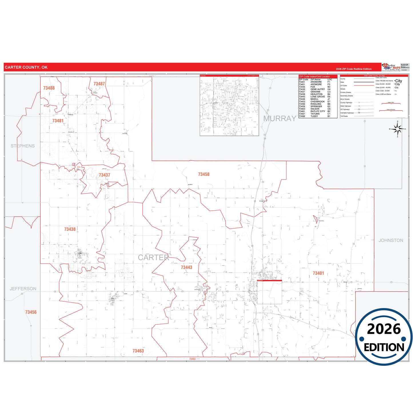 Carter County, OK Red Line 5 Digit ZIP Code Wall Map