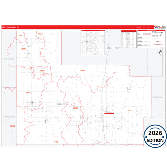 Carter County, OK Red Line 5 Digit ZIP Code Wall Map