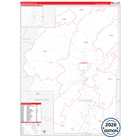 Cherokee County, OK Red Line 5 Digit ZIP Code Wall Map