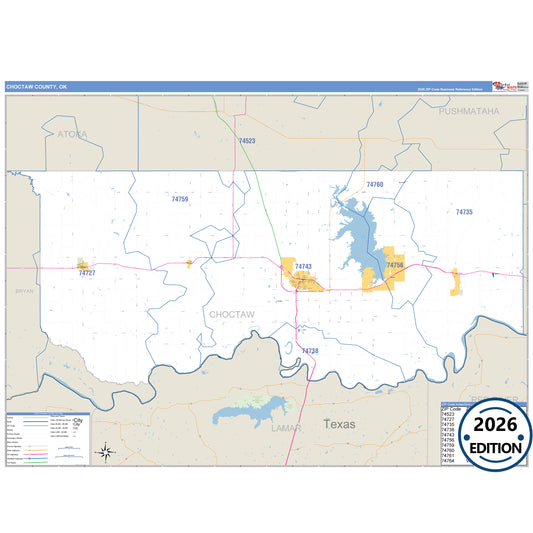 Choctaw County, OK Business Reference 5 Digit ZIP Code Wall Map