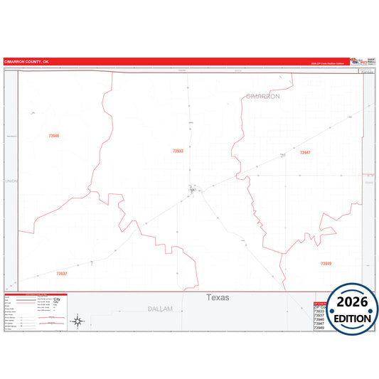 Cimarron County, OK Red Line 5 Digit ZIP Code Wall Map