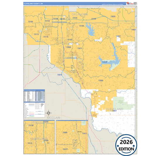 Cleveland County, OK Business Reference 5 Digit ZIP Code Wall Map