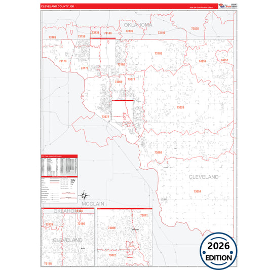 Cleveland County, OK Red Line 5 Digit ZIP Code Wall Map
