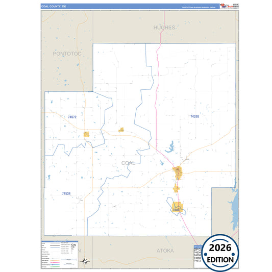 Coal County, OK Business Reference 5 Digit ZIP Code Wall Map