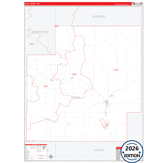 Coal County, OK Red Line 5 Digit ZIP Code Wall Map