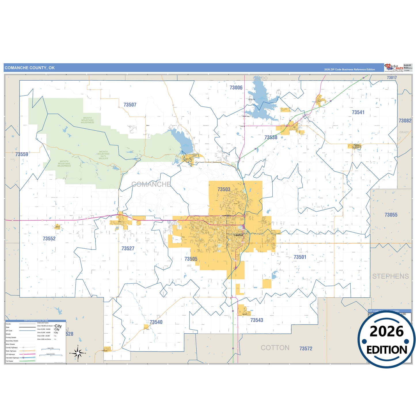Comanche County, OK Business Reference 5 Digit ZIP Code Wall Map