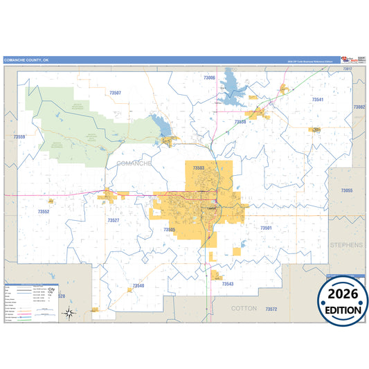 Comanche County, OK Business Reference 5 Digit ZIP Code Wall Map