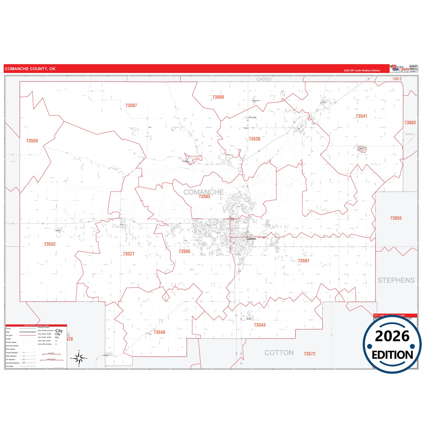 Comanche County, OK Red Line 5 Digit ZIP Code Wall Map