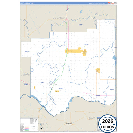 Cotton County, OK Business Reference 5 Digit ZIP Code Wall Map