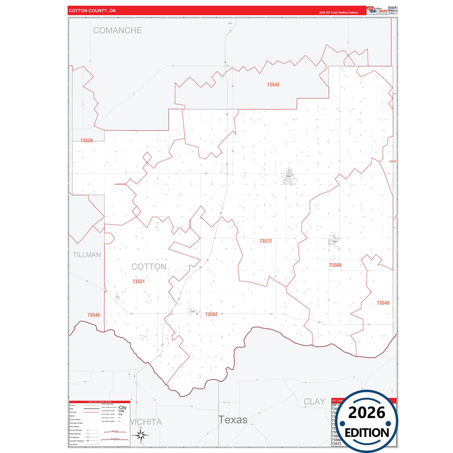 Cotton County, OK Red Line 5 Digit ZIP Code Wall Map