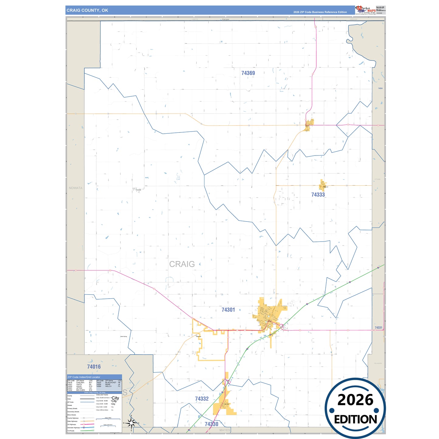 Craig County, OK Business Reference 5 Digit ZIP Code Wall Map