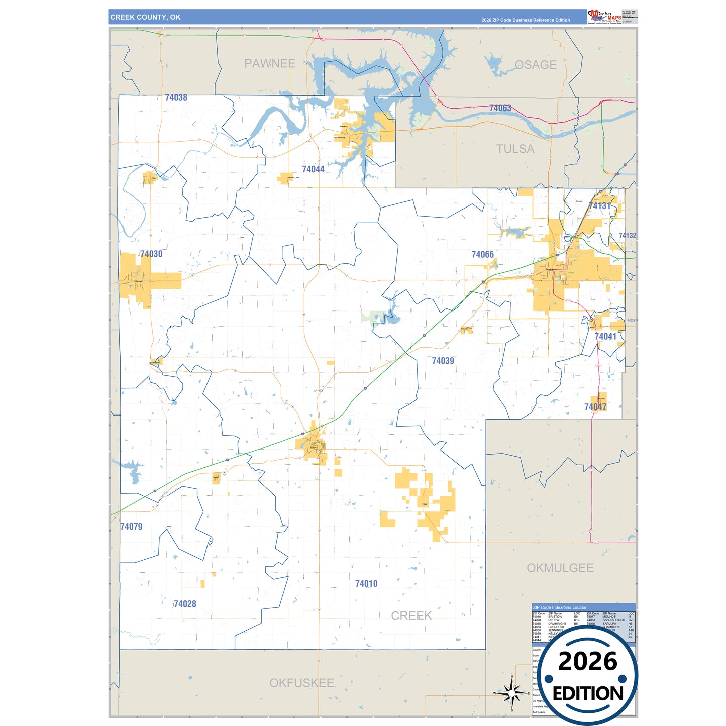 Creek County, OK Business Reference 5 Digit ZIP Code Wall Map