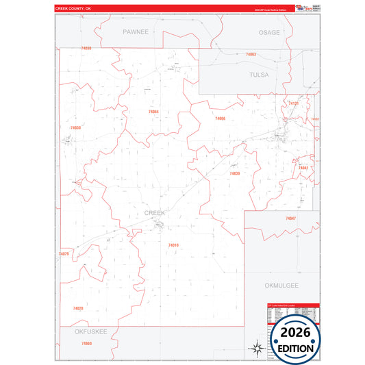 Creek County, OK Red Line 5 Digit ZIP Code Wall Map