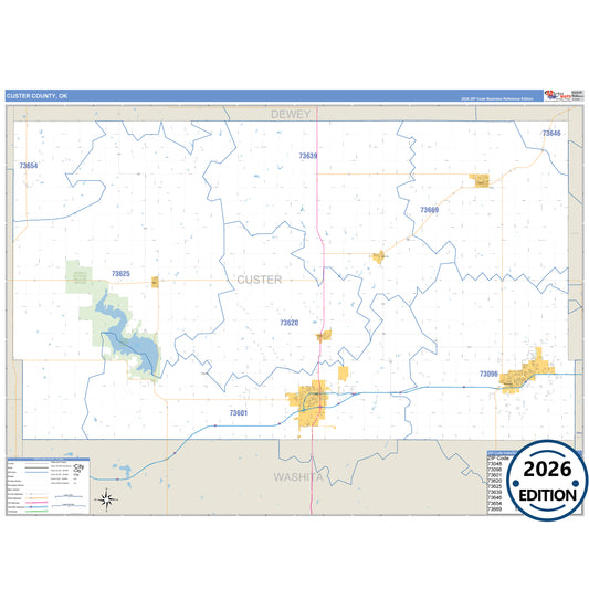 Custer County, OK Business Reference 5 Digit ZIP Code Wall Map
