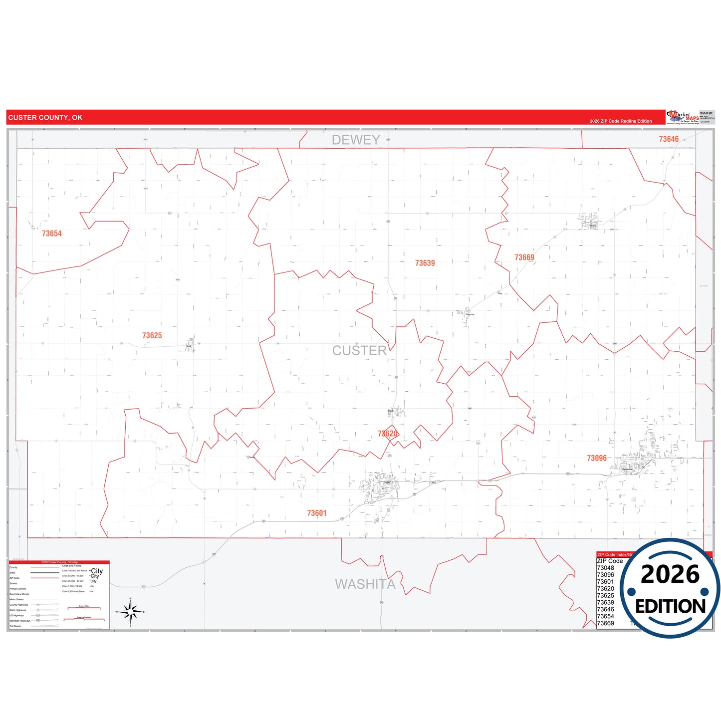 Custer County, OK Red Line 5 Digit ZIP Code Wall Map
